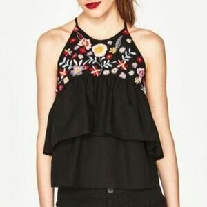 ZARA Floral Embroidered Tiered Ruffle Sleeveless Black Halter Top Boho Size S